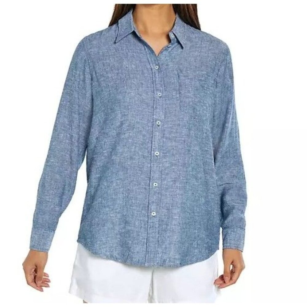 Gap Women's Top XS Linen Blend Button Front Long Sleeve Shirt Blue Crosshatch XS
